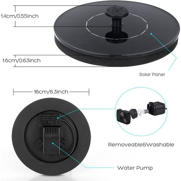 Solar Bird Bath Fountain Pump 1.4W Floating Solar Water Pump w/ 6 Nozzles - Picture 2 of 9